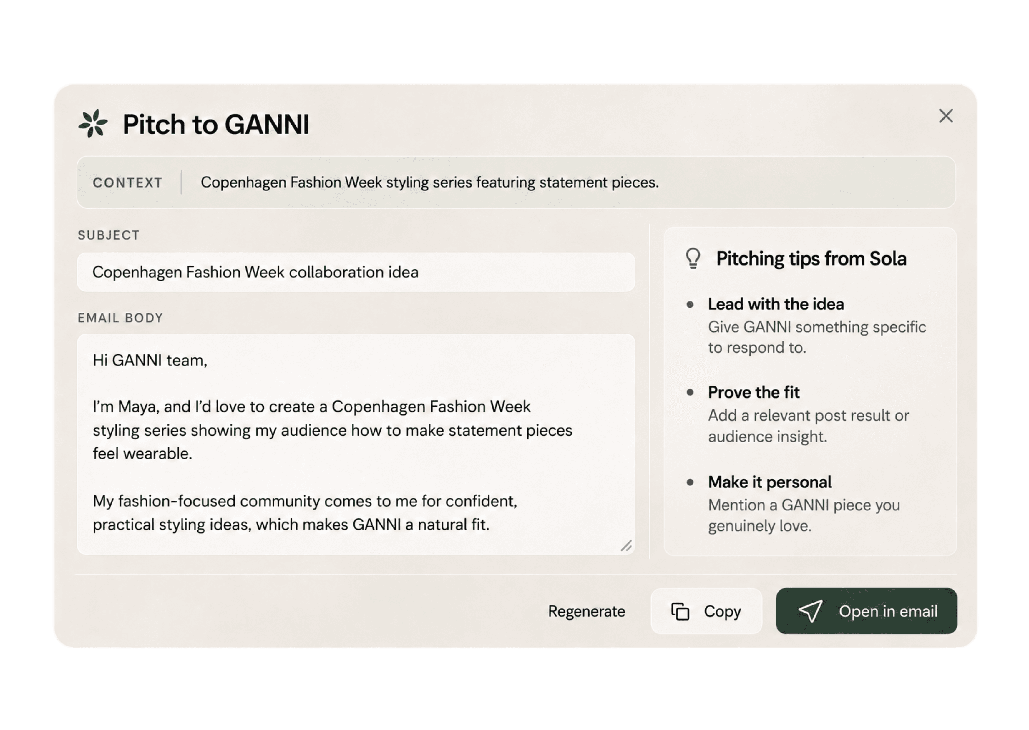 Pitch to GANNI email draft preview