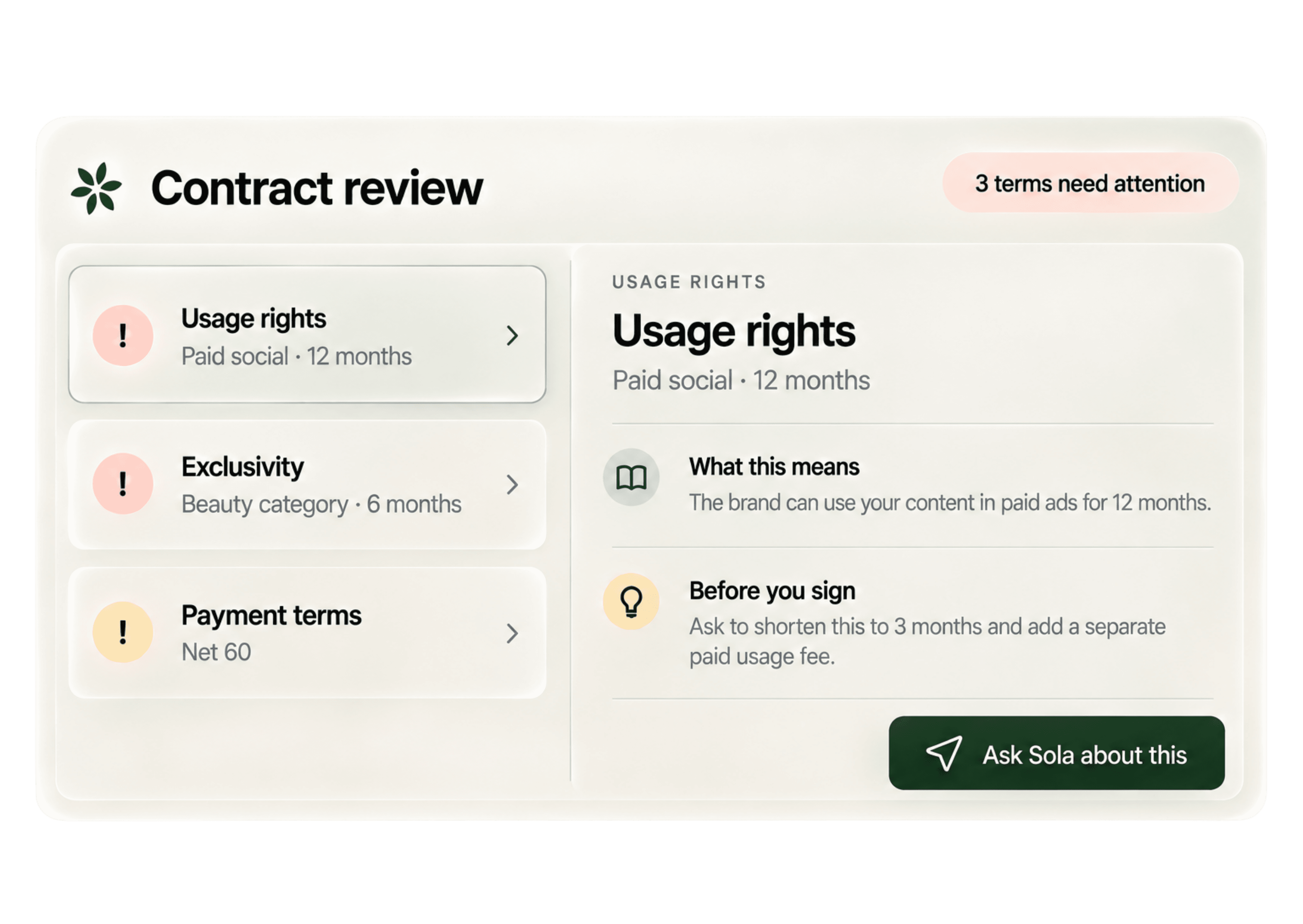 Contract review preview with usage rights and negotiation tips