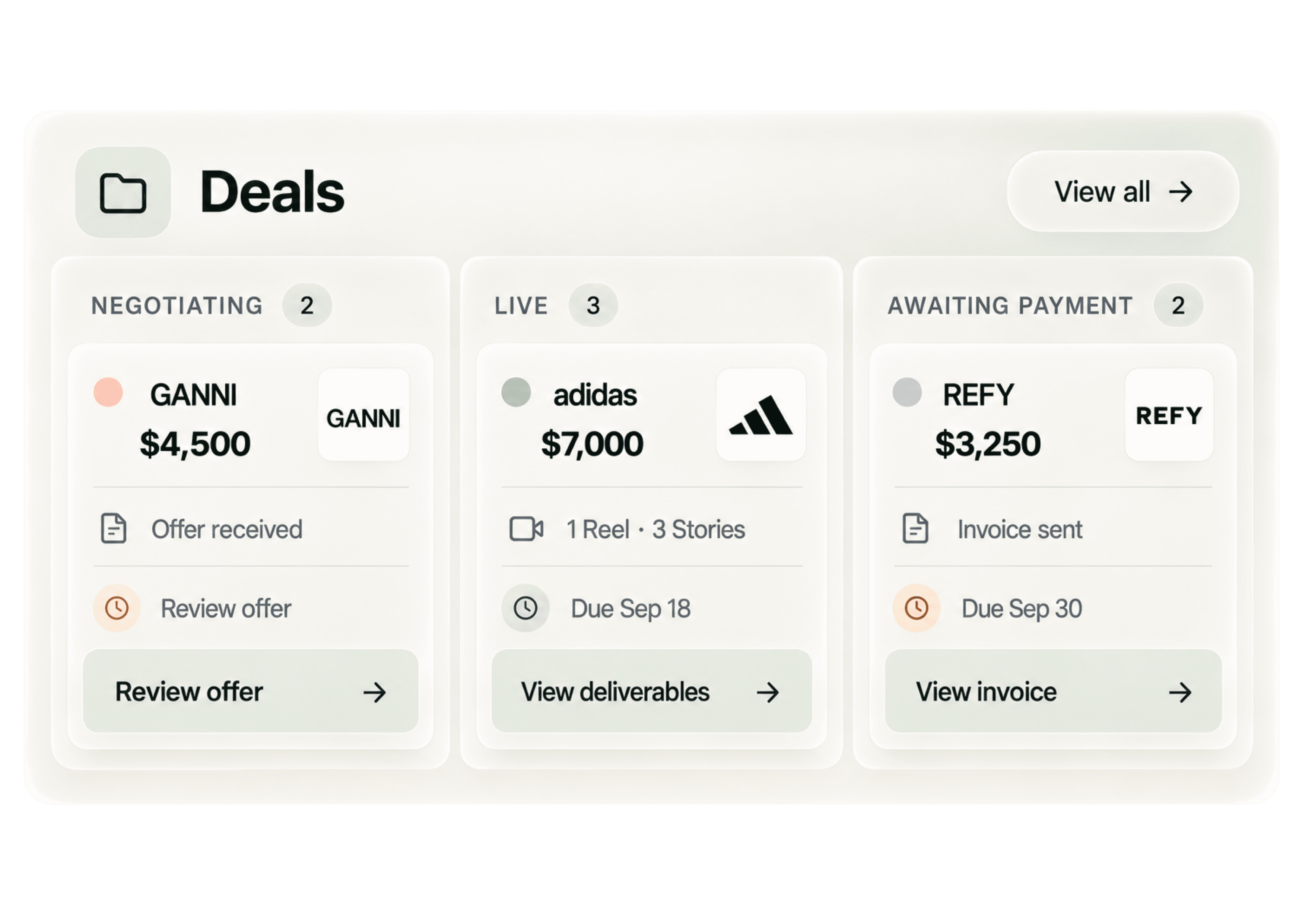 Deals pipeline board with negotiating, live, and awaiting payment stages